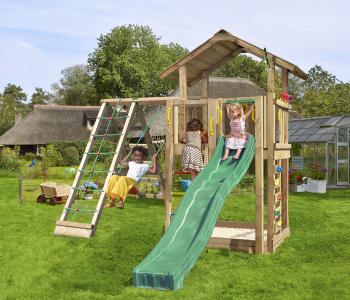 Jungle Chalet | Spielturm aus Holz mit Schaukel & Kletternetz