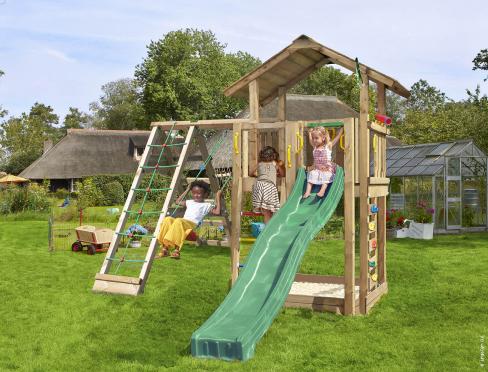 Jungle Chalet | Spielturm aus Holz mit Schaukel & Kletternetz