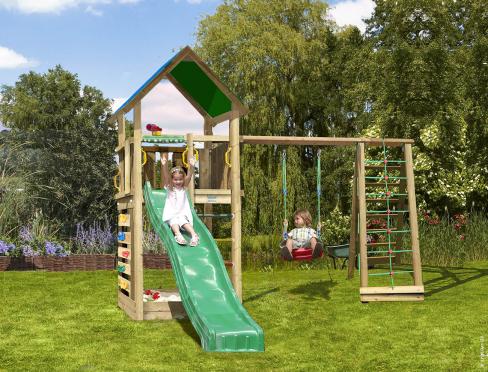Jungle Lodge | Spielturm aus Holz mit Schaukel & Kletternetz