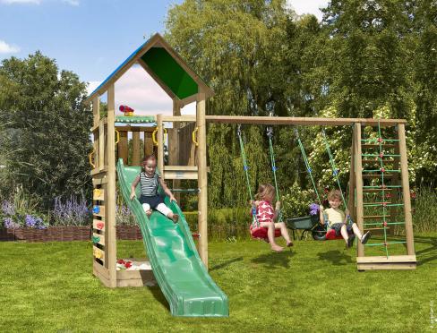 Jungle Lodge | Spielturm aus Holz mit Schaukeln & Kletternetz