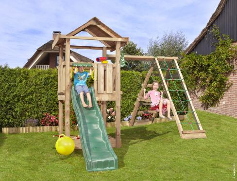 Jungle House | Spielturm aus Holz mit Schaukel & Kletternetz