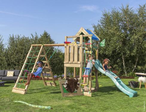 Jungle Viking | Spielturm aus Holz mit Schaukel & Kletternetz