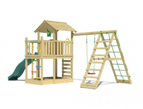 Jungle Chateau | Spielturm aus Holz mit Schaukel & Kletternetz
