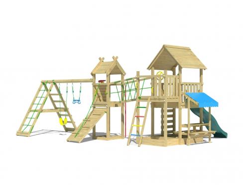 Jungle Pavillon | Aire de jeux en bois avec balançoires et filet d'escalade
