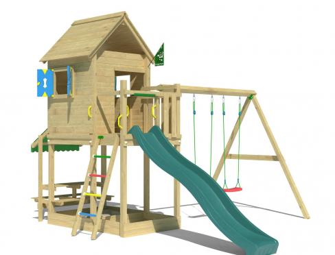 Jungle Bungalow | Spielturm aus Holz mit Doppelschaukel